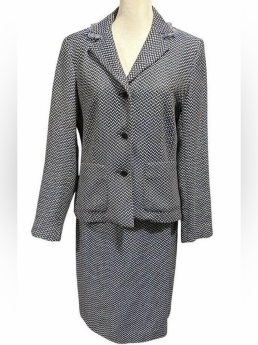 Navy Blue NICOLA Tweed Blazer and Skirt Italy Pockets Fringe Collar Button Up W6